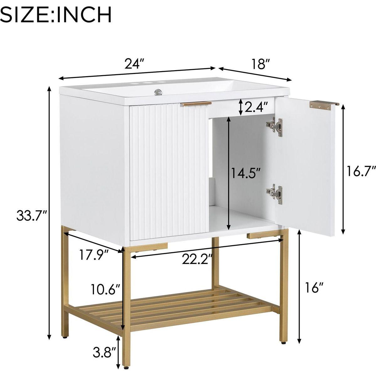 24" Bathroom Vanity with Sink, Bathroom Vanity Cabinet with Two Doors and Gold Metal Frame, Open Storage Shelf, White