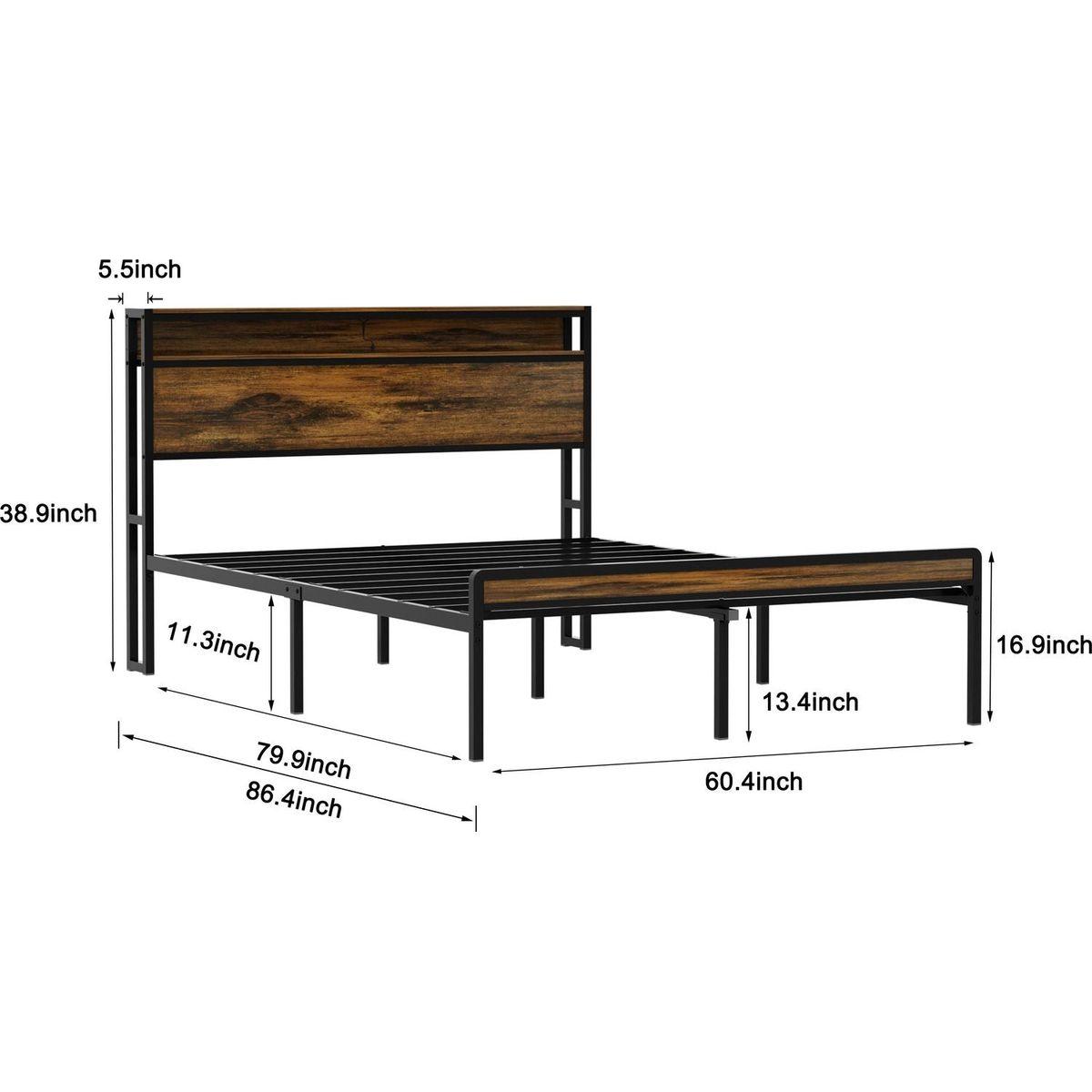 Queen Size Bed Frame, Storage Headboard with LED light, Charging Station, Solid and Stable, Noise Free, No Box Spring Needed, Easy Assembly, Vintage Brown