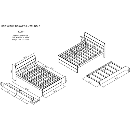 Modern Full Bed Frame With Twin Size Trundle And 2 Drawers For White High Gloss With Light Oak Color
