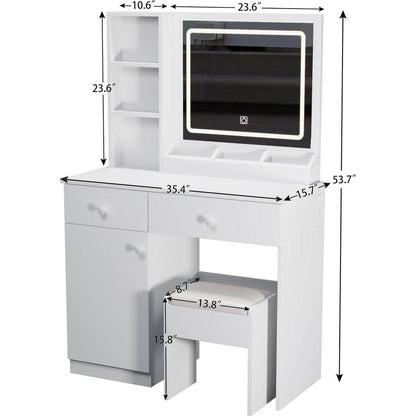 Fashion Vanity Desk with Mirror and Lights for Makeup, Vanity Mirror with Lights and Table Set with 3 Color Lighting Brightness Adjustable, 2 big Drawers, White Color