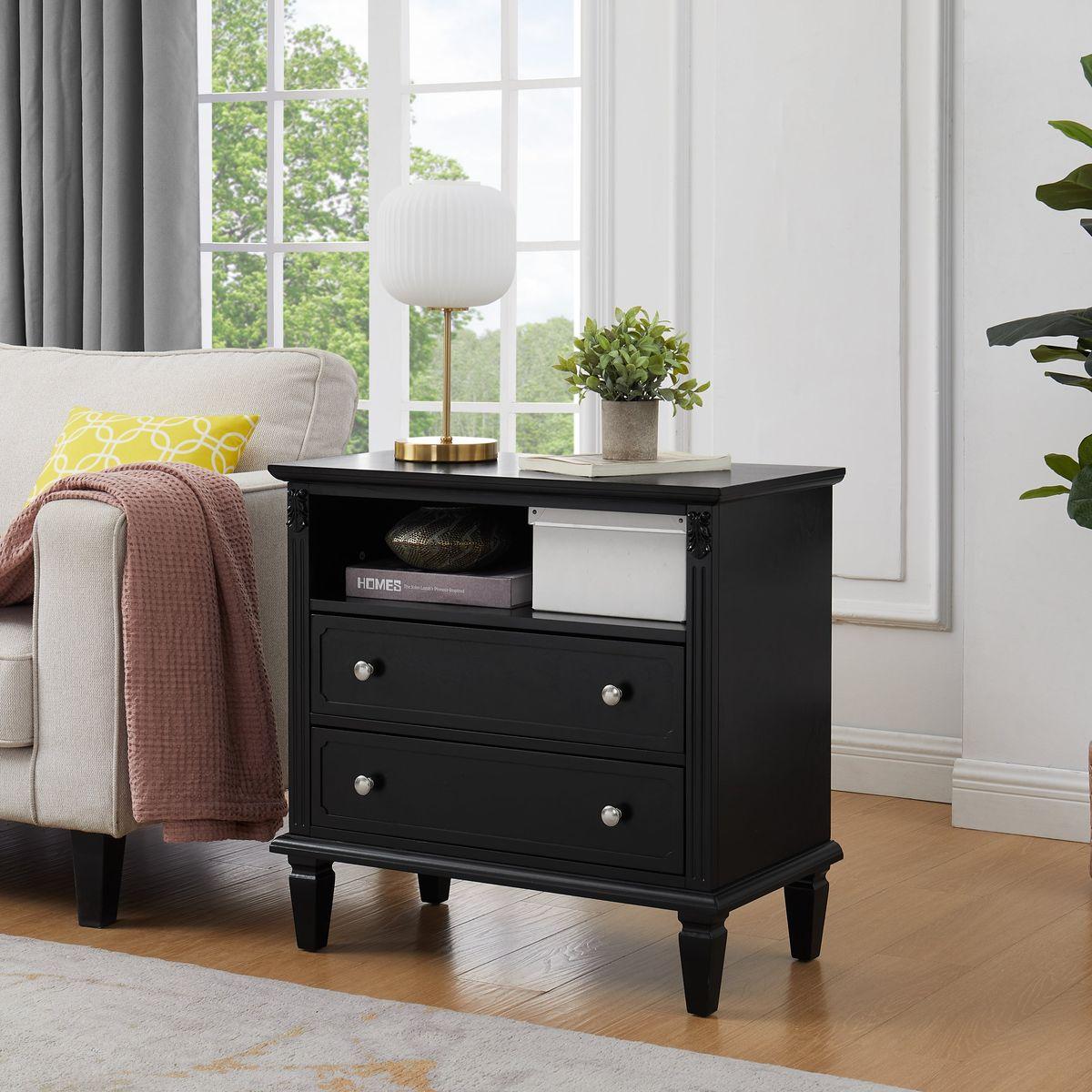 Open Space and 2 Drawers Dresser Nightstand with Charging Station, Farmhouse End Table with USB Ports and Outlets, Fluted Pilasters Design Side Table with Solid Wood Legs for Bedroom