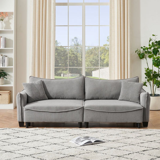 grey corduroy fabric, sofa can be converted into a sofa bed with two throw pillows, suitable for living room and other scenes