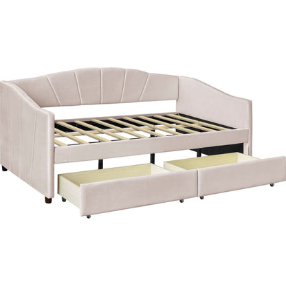 Upholstered daybed Twin Size with Two Drawers and Wood Slat, Beige