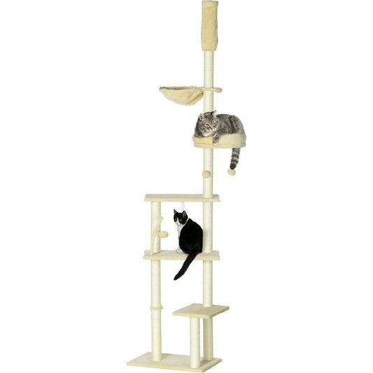 Floor to Ceiling Cat Tree, 90.5" - 98.5" Adjustable Height, Cat Climbing Tower with Carpeted Platforms, Cozy Bed, Hammock, Scratching Posts, Toy Balls, Activity Center for Kittens, Beige