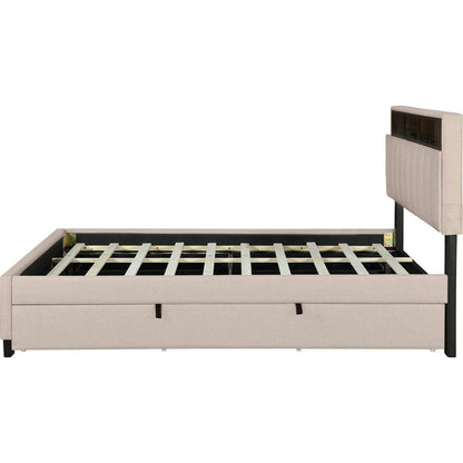 Queen size Upholstered Platform Bed with Storage Headboard, Twin XL Size Trundle & 2 drawers and a set of Sockets & USB Ports, Linen Fabric, Beige