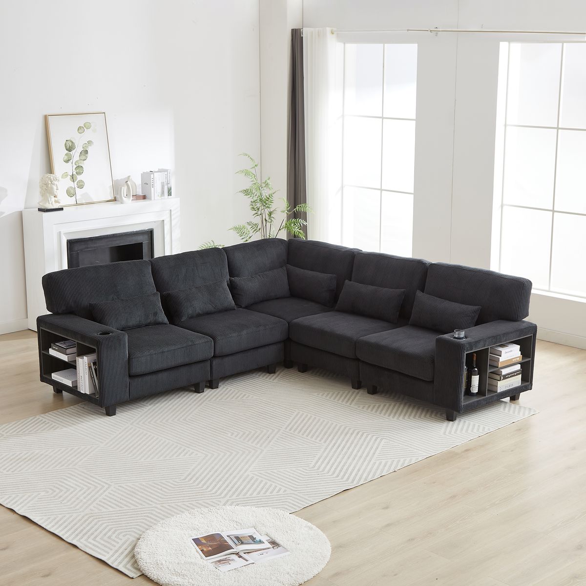 102.75*102.75' L-Shaped Modular Sectional Sofa, Modern Corduroy Sectional Sofa, Arm with Storage With Cup Holder 5-Seat Convertible Sectional Sofa for Living Room, Bedroom, Lounge and Projection Room