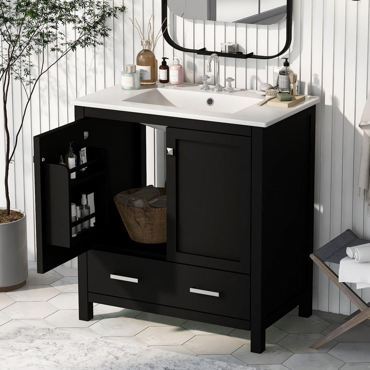 30" Black Bathroom Vanity with Single Sink, Combo Cabinet Undermount Sink, Bathroom Storage Cabinet with 2 Doors and a Drawer, Soft Closing, Multifunctional Storage, Solid Wood Frame