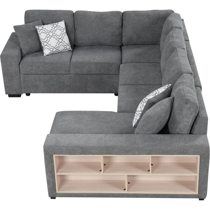 109" U-shaped Sectional Sofa Pull-out Sofa Bed with Two USB Ports, a Storage Chaise Lounge and Four Back Pillows for Living Room, Grey