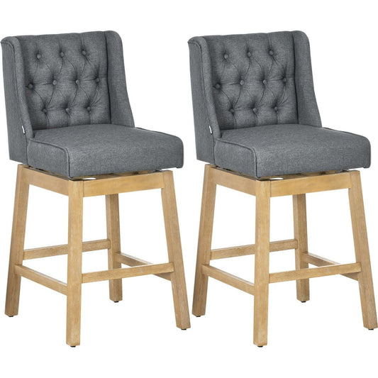 Bar Height Bar Stools Set of 2, 180 Degree Swivel Barstools, 30" Seat Height Bar Chairs with Solid Wood Footrests and Button Tufted Design, Gray