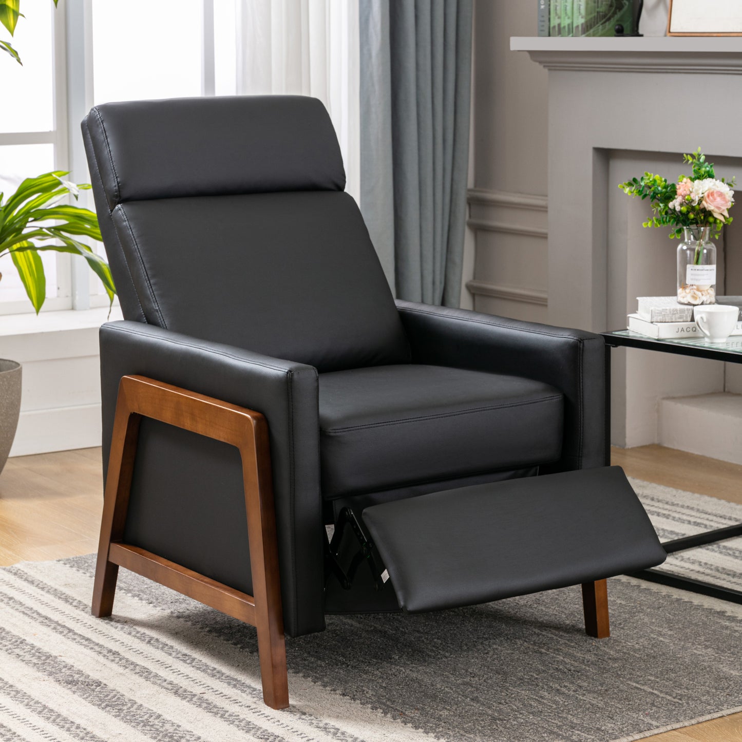 Wood-Framed PU Leather Recliner Chair Adjustable Home Theater Seating with Thick Seat Cushion and Backrest Modern Living Room Recliners, Black