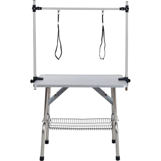 46" Folding Dog Pet Grooming Table Stainless Steel Frame Rubber Mat on Board with Adjustable Arm and Clamps pet dog Cat Grooming Table (SILVER-GRAY COLOR)