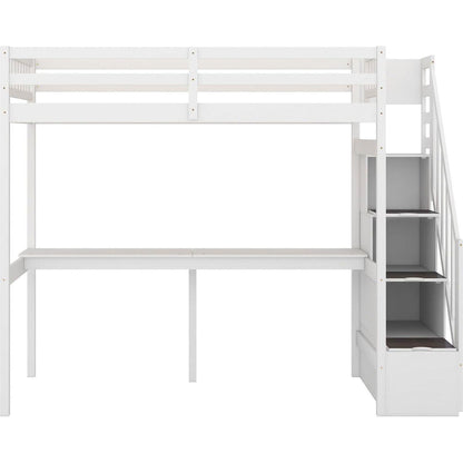 Twin Size Loft Bed with Storage Staircase and Built-in Desk, White