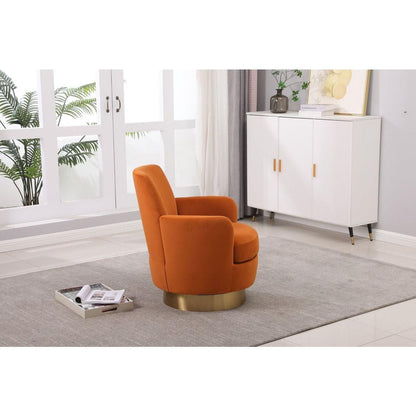 Velvet Swivel Barrel Chair, Swivel Accent Chairs Armchair for Living Room, Reading Chairs for Bedroom Comfy, Round Barrel Chairs with Gold Stainless Steel Base (Orange)