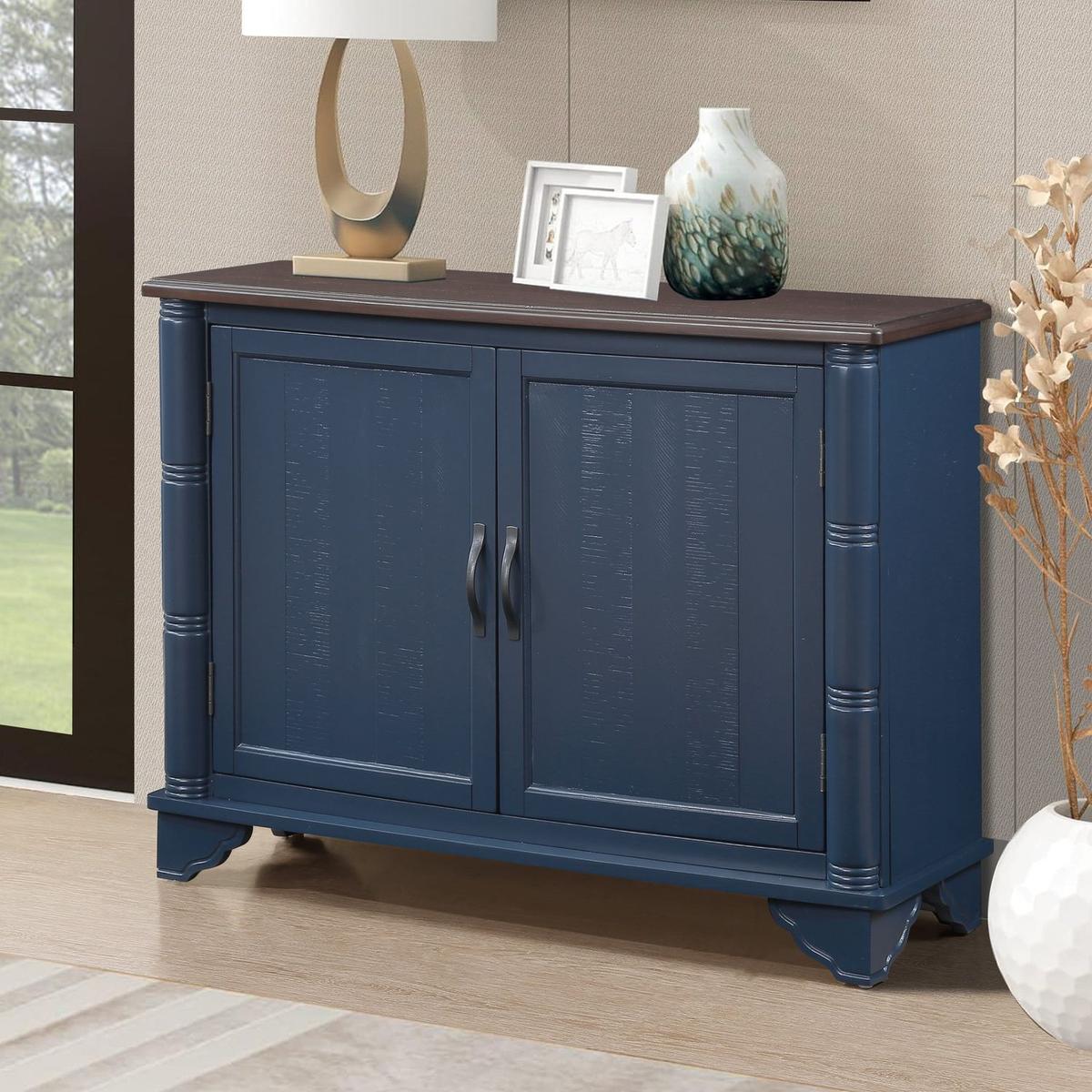 40" Console Table with Storage Shelf, Retro Entryway Table with Adjustable Storage Shelf, Sofa Couch Table for Hallway, Entry Way, Living Room, Foyer, Navy Blue and Brown Top