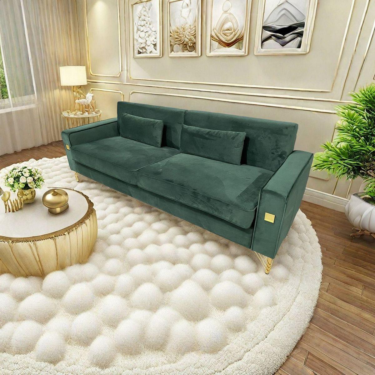 FX-P18-RG2(SOFA) Luxury Emerald Green Velvet Sofa with Gold Accents - Modern 3-Seat Couch with Plush Cushions, Perfect for Living Room and Office Decor