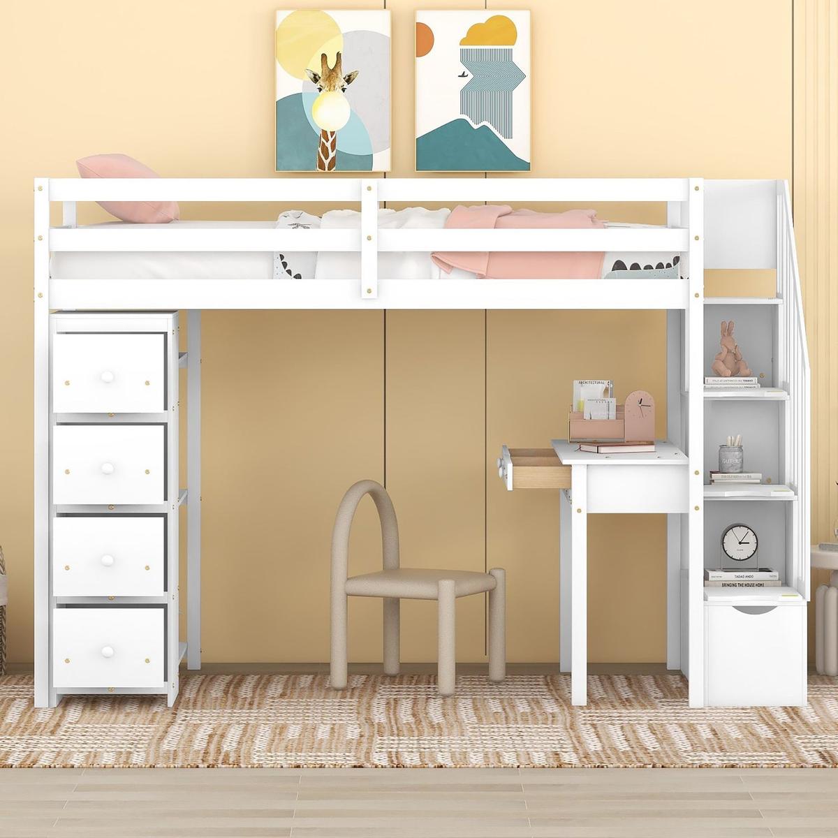 Twin size Loft Bed with Storage Drawers, Desk and Stairs, Wooden Loft Bed with Shelves - White