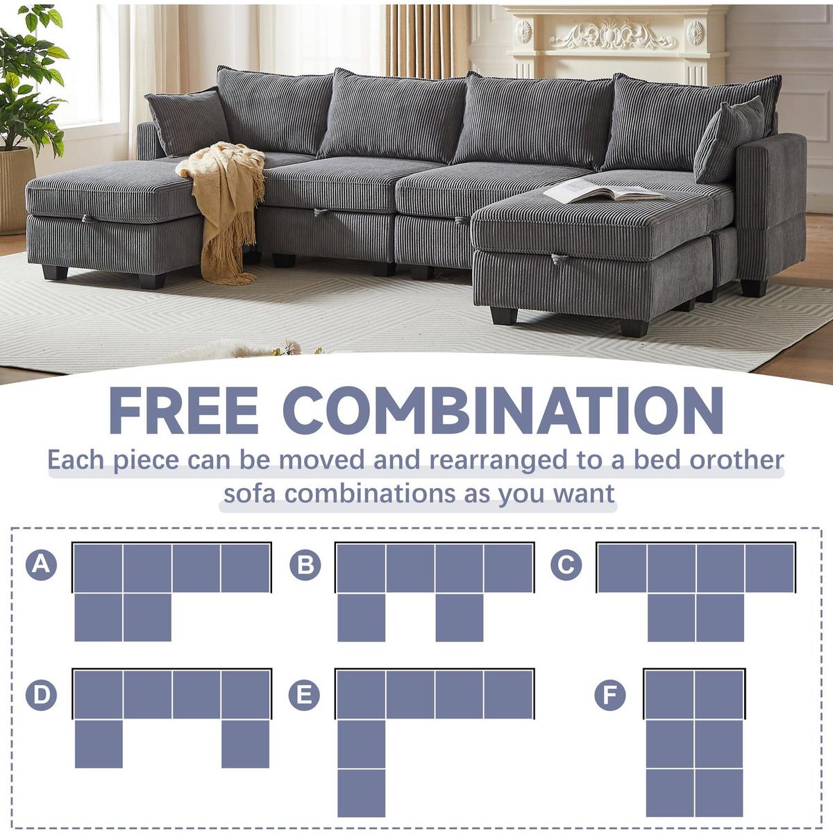 113.5" Modular Sectiona Corduroy Sofa, Sectional Couches for Living Room U Shaped Sectional Couch with Storage Ottoman, 6 Seats Convertible Sectionals with Chaise