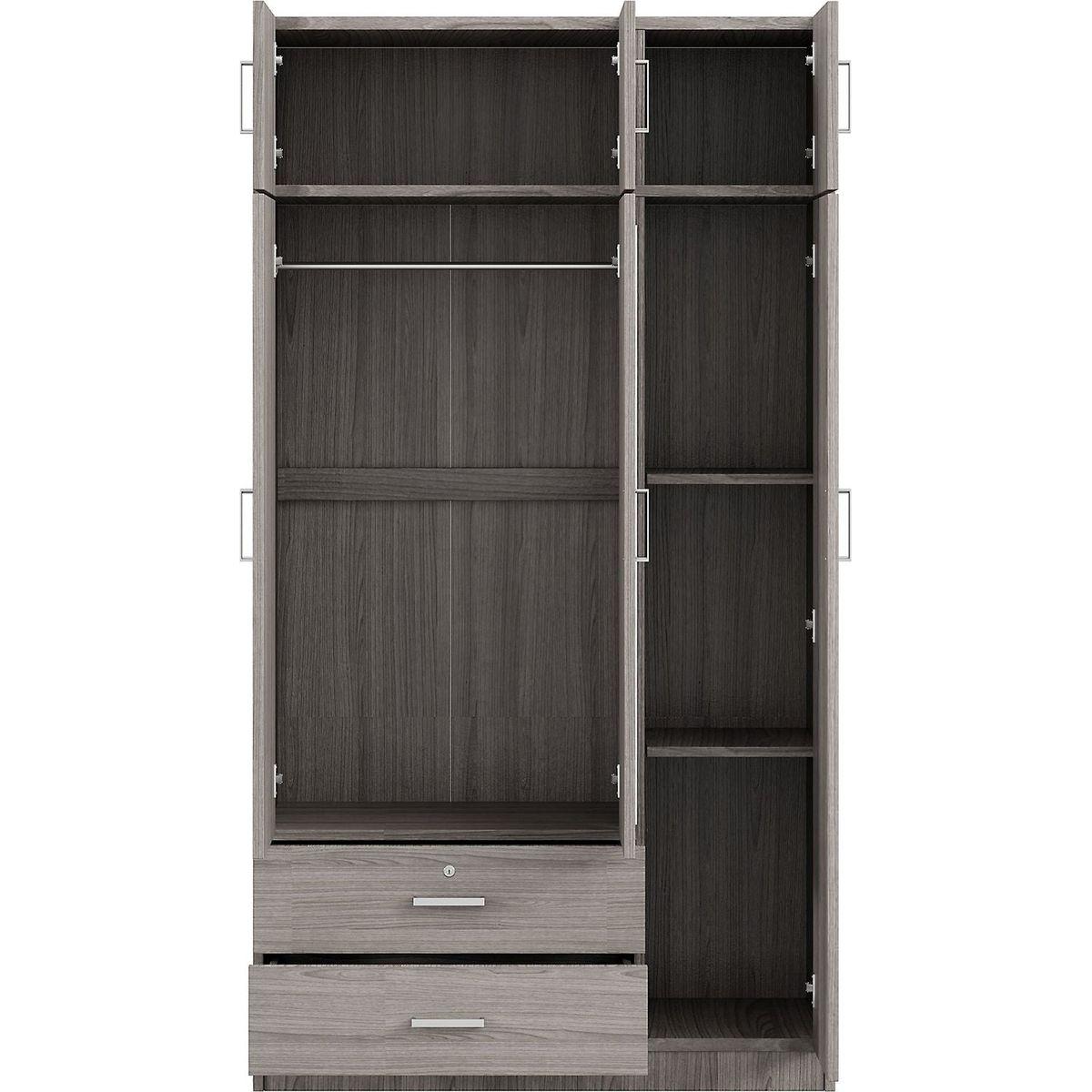 3-Door Mirror Wardrobe with 2 Drawers and Top Cabinet,Gray