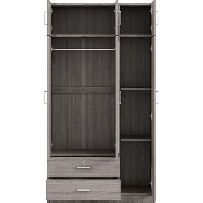 3-Door Mirror Wardrobe with 2 Drawers and Top Cabinet,Gray