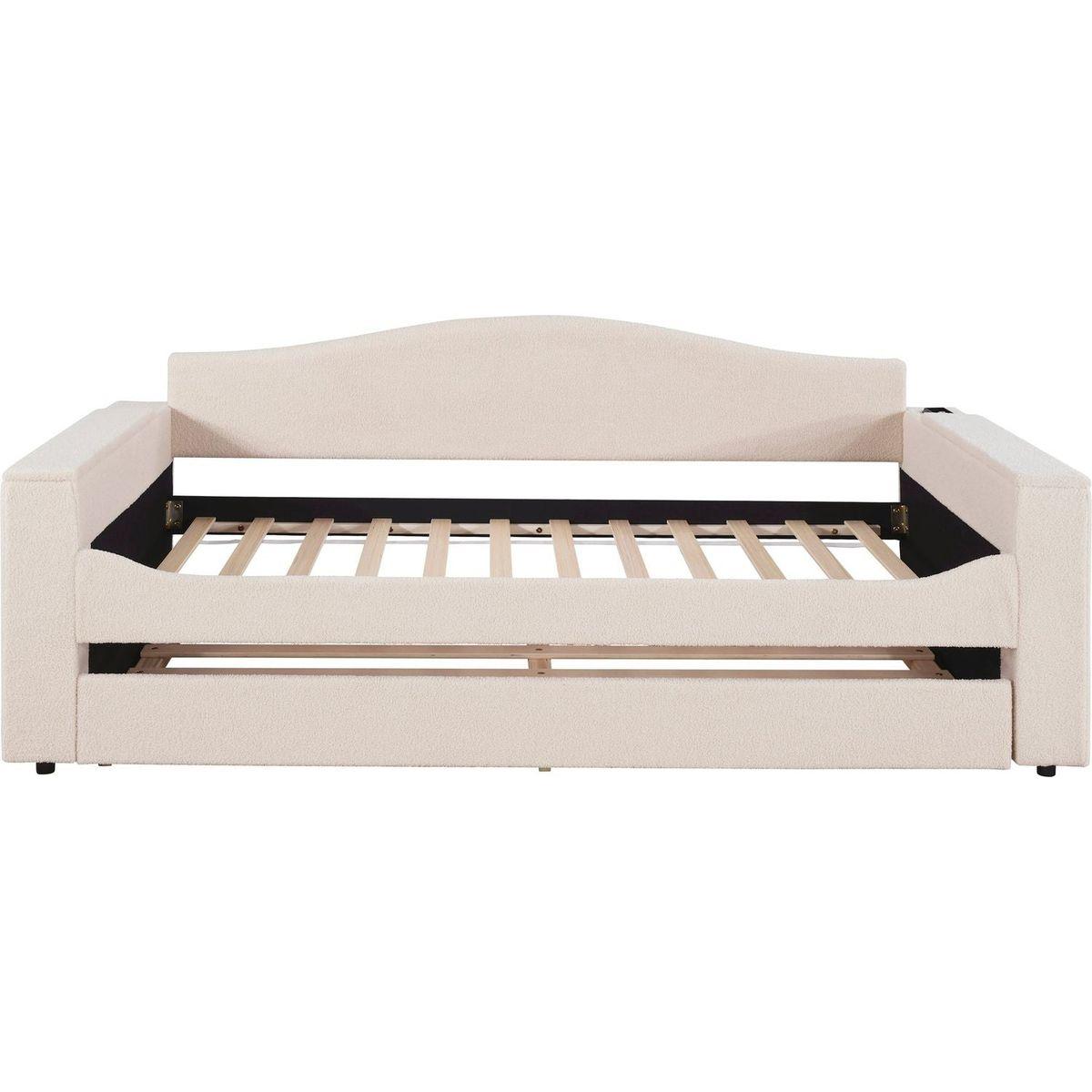 Twin Size Upholstered Daybed with Storage Armrests, Trundle and Latest Integrated Bluetooth Audio System, Teddy Fleece, Beige