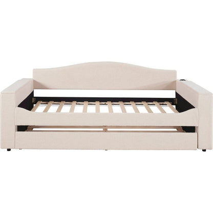 Twin Size Upholstered Daybed with Storage Armrests, Trundle and Latest Integrated Bluetooth Audio System, Teddy Fleece, Beige