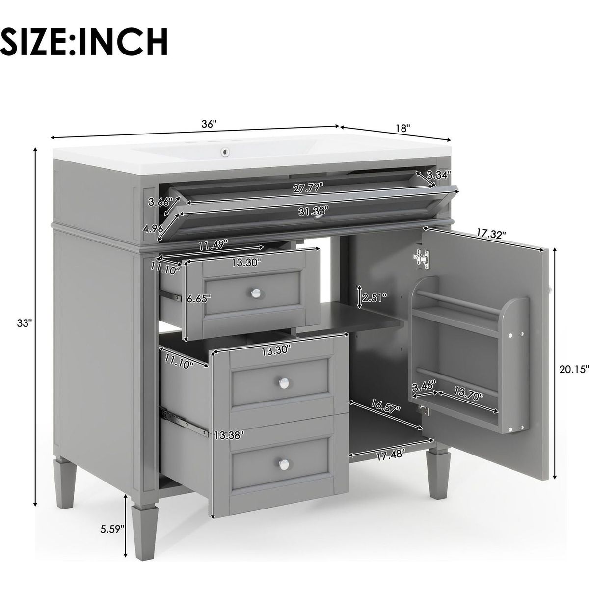 36" Bathroom Vanity with Top Sink, Modern Bathroom Storage Cabinet with 2 Drawers and a Tip-out Drawer, Single Sink Bathroom Vanity