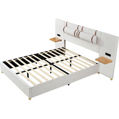 Queen Size Upholstered Platform Bed, Two Outlets and USB Charging Ports on Both Sides, Two Bedside Pillows, Storage Shelves,Velvet, Beige