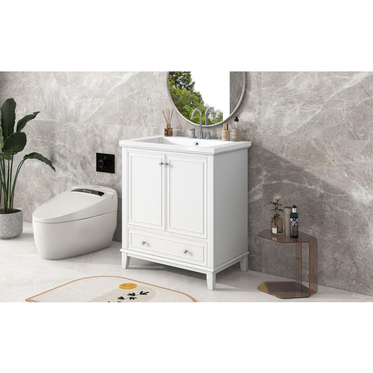 30" Bathroom Vanity with Sink Combo, Multi-functional Bathroom Cabinet with Doors and Drawer, Solid Frame and MDF Board, White