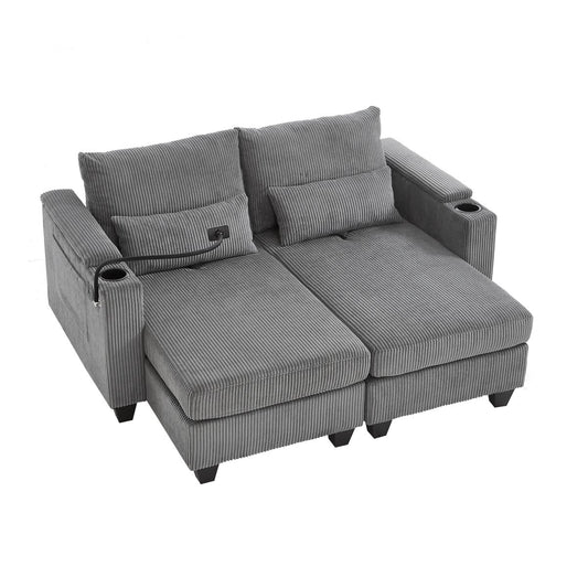 Convertible Chaise Lounge 63' Loveseat Sofa Bed with USB Ports, Cup Holders, Phone Holder, Ample Storage, Grey Corduroy