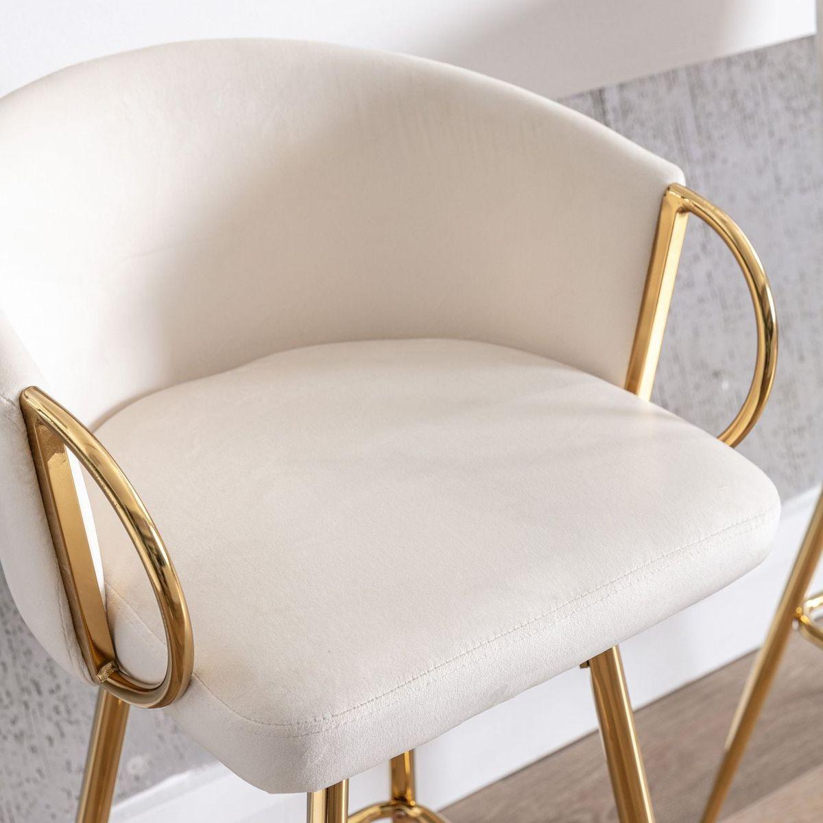 26 Inch Set of 2 Bar Stools,with Chrome Footrest and Base Velvet + Golden Leg Simple Bar Stoo,CREAM