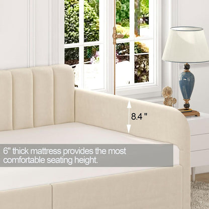 Flora Upholstered Daybed with 2 Drawers, Twin, Ivory Velvet, Ribbed Tufted Backrest, Daybed in Lavish Modern Design