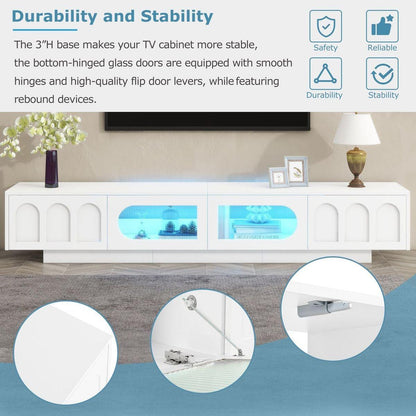 TV Stand with Fluted tempered Glass Doors for TVs Up to 95", Functional Media Console with Arched Cabinet Doors, Entertainment Center with APP-Controlled LED Light for Living Room, White