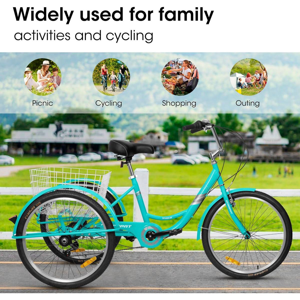 Adult Tricycles 7 Speed, Adult Trikes 24 inch 3 Wheel Bikes, Three-Wheeled Bicycles Cruise Trike with Shopping Basket for Seniors, Women, Men