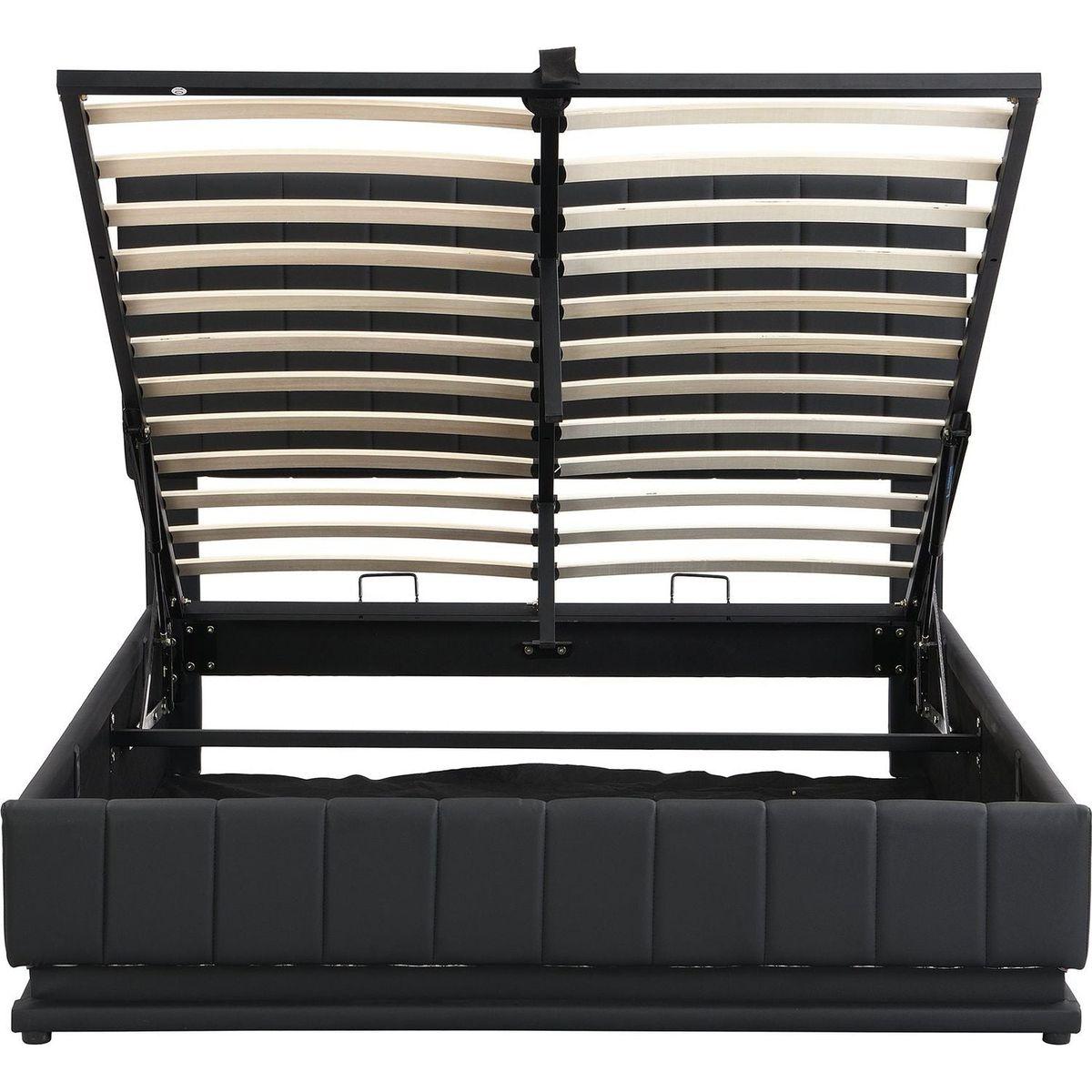 Full Size Upholstered Bed with Hydraulic Storage System and LED Light, Modern Platform Bed with Sockets and USB Ports, Black