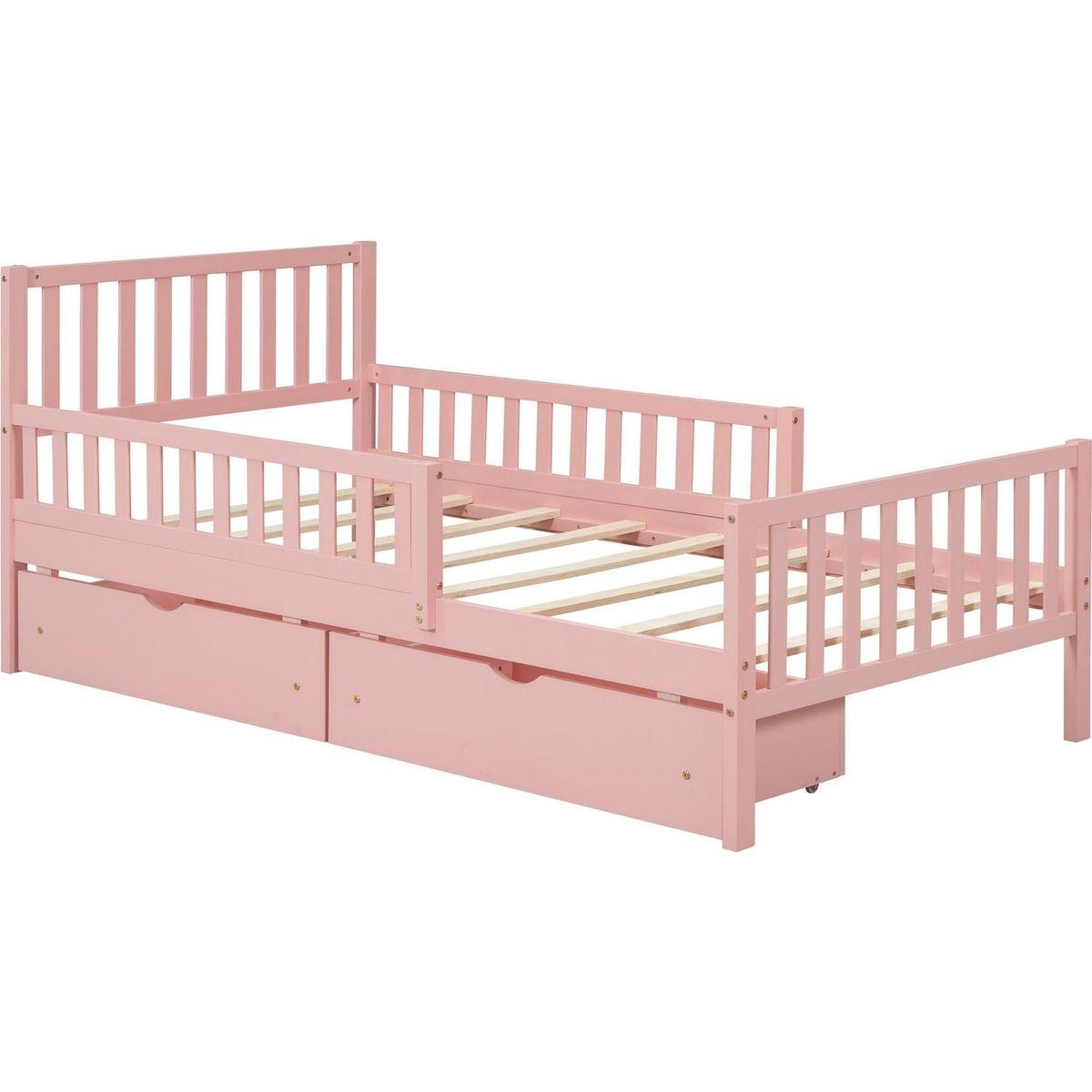 Twin Size Wood Platform Bed with Guardrails on Both Sides and Two Storage Drawers, Pink