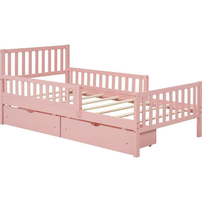 Twin Size Wood Platform Bed with Guardrails on Both Sides and Two Storage Drawers, Pink
