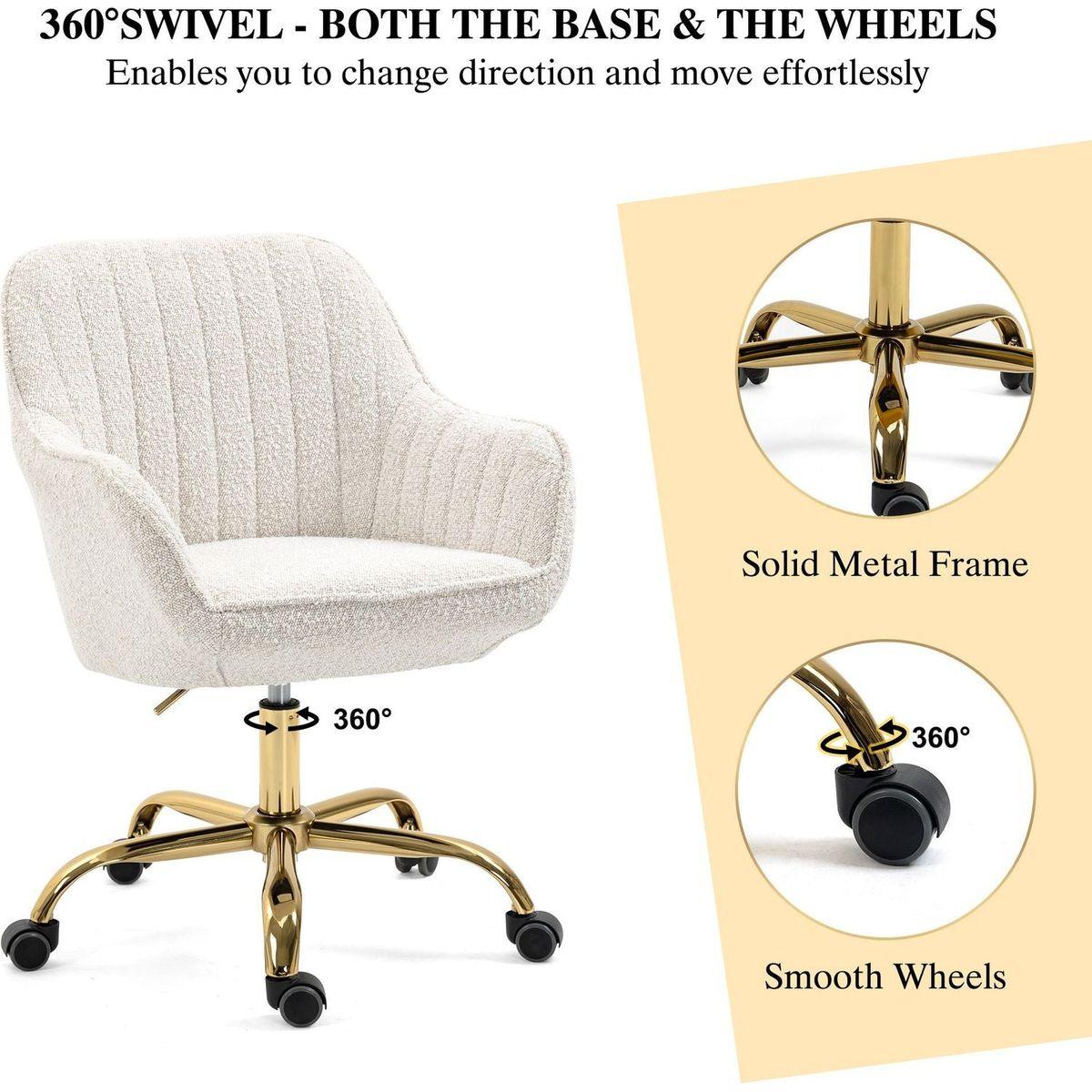 360 Beige Boucle Fabric Swivel Chair With High Back, Adjustable Working Chair With Golden Color Base