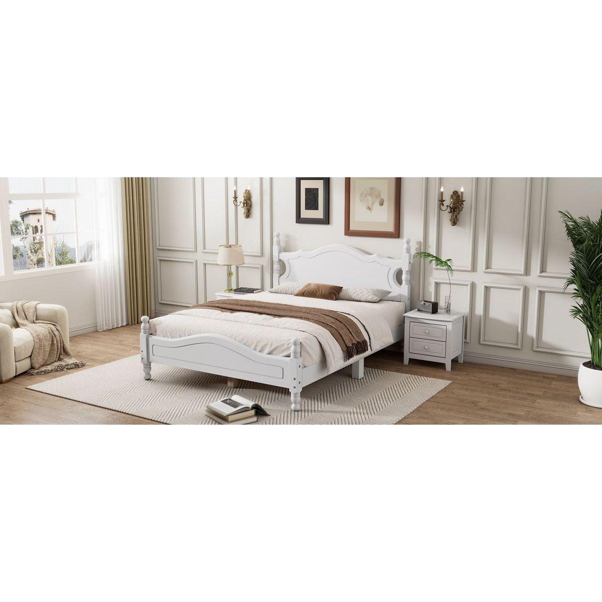Full Size Wood Platform Bed Frame,Retro Style Platform Bed with Wooden Slat Support,White