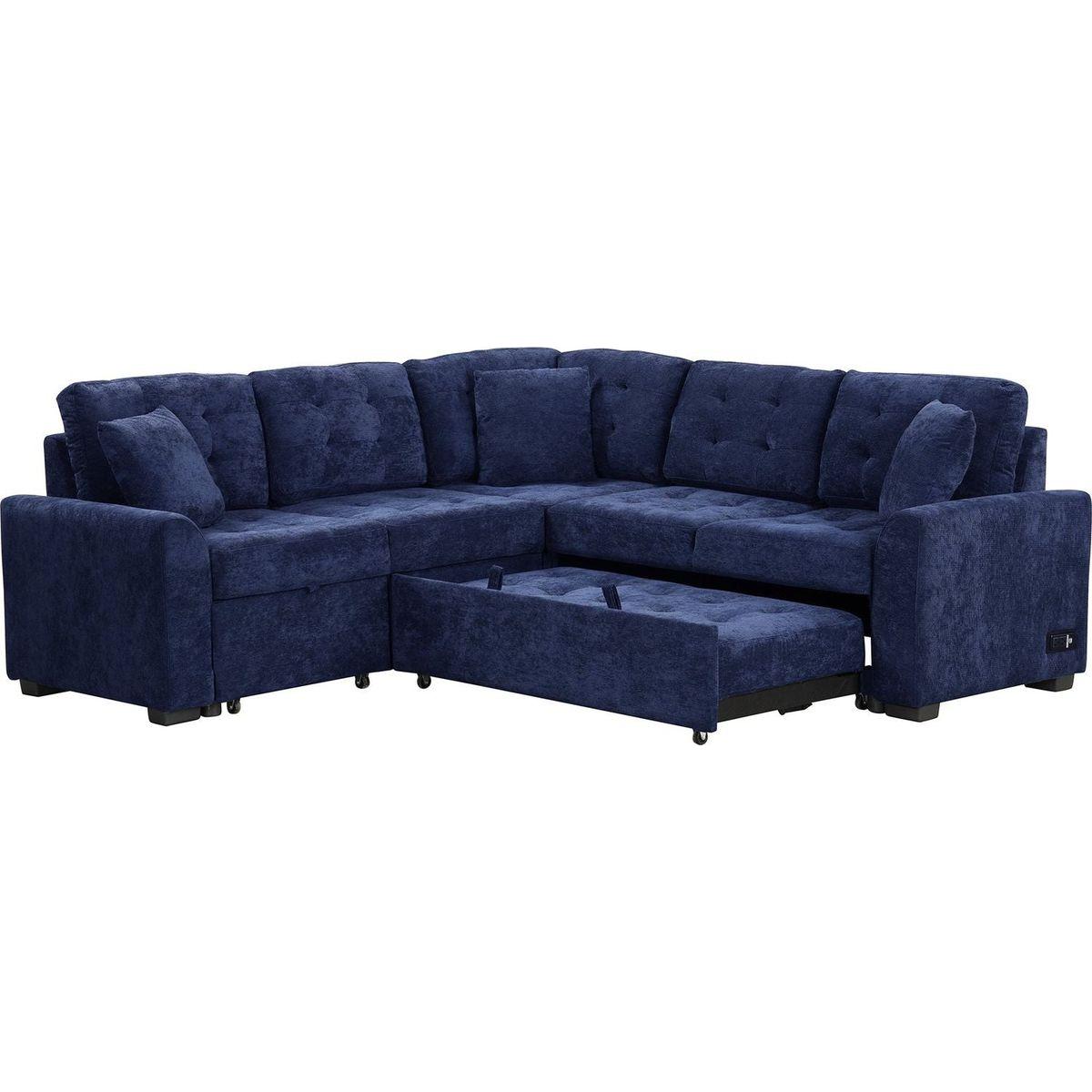 82.6" L-shape Sofa Bed Pull-out Sleeper Sofa with Wheels, USB Ports, Power Sockets for Living Room, Navy Blue