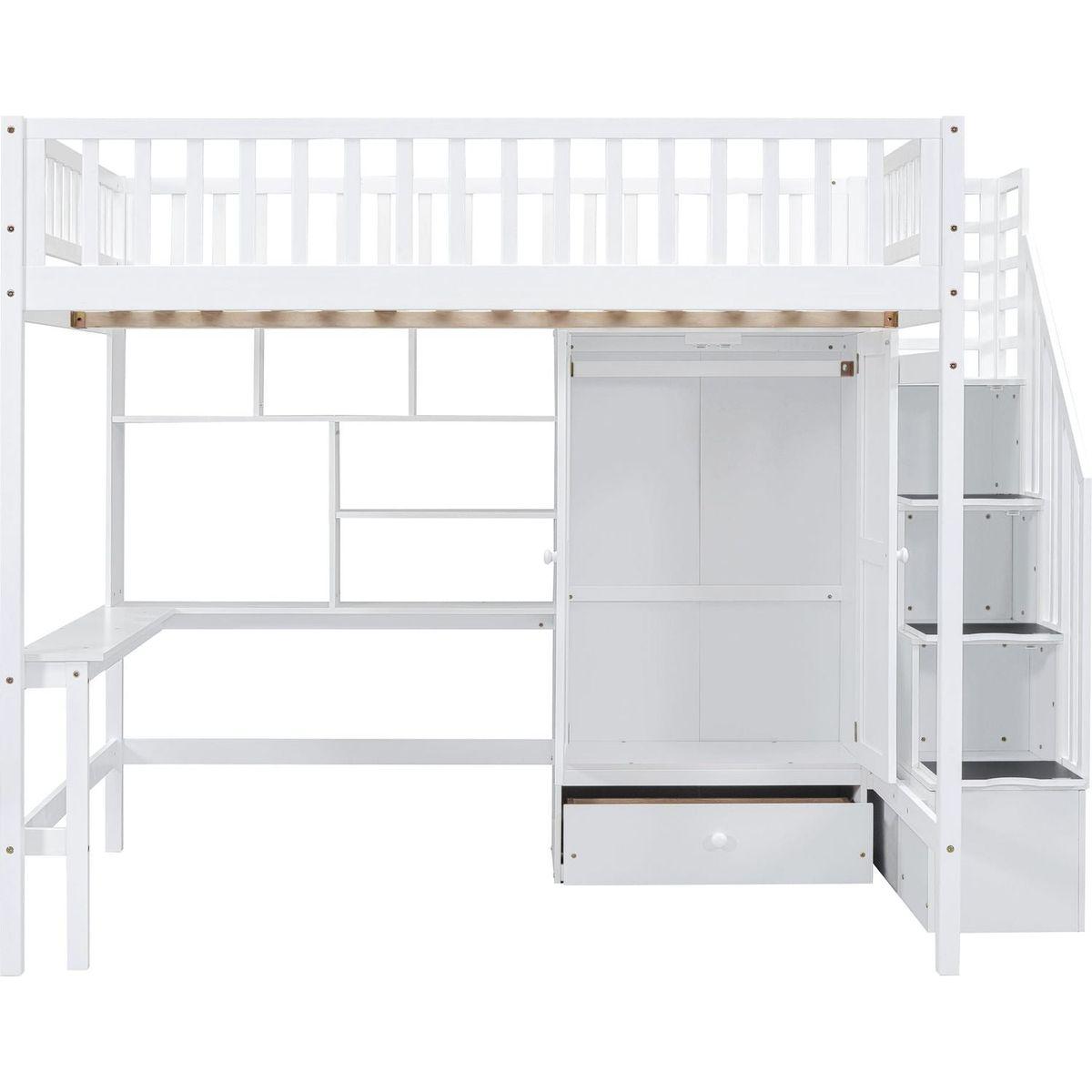 Full size Loft Bed with Bookshelf,Drawers,Desk,and Wardrobe-White