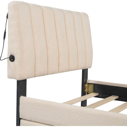 Teddy Fleece Twin Size Upholstered Platform Bed with Trundle, Beige