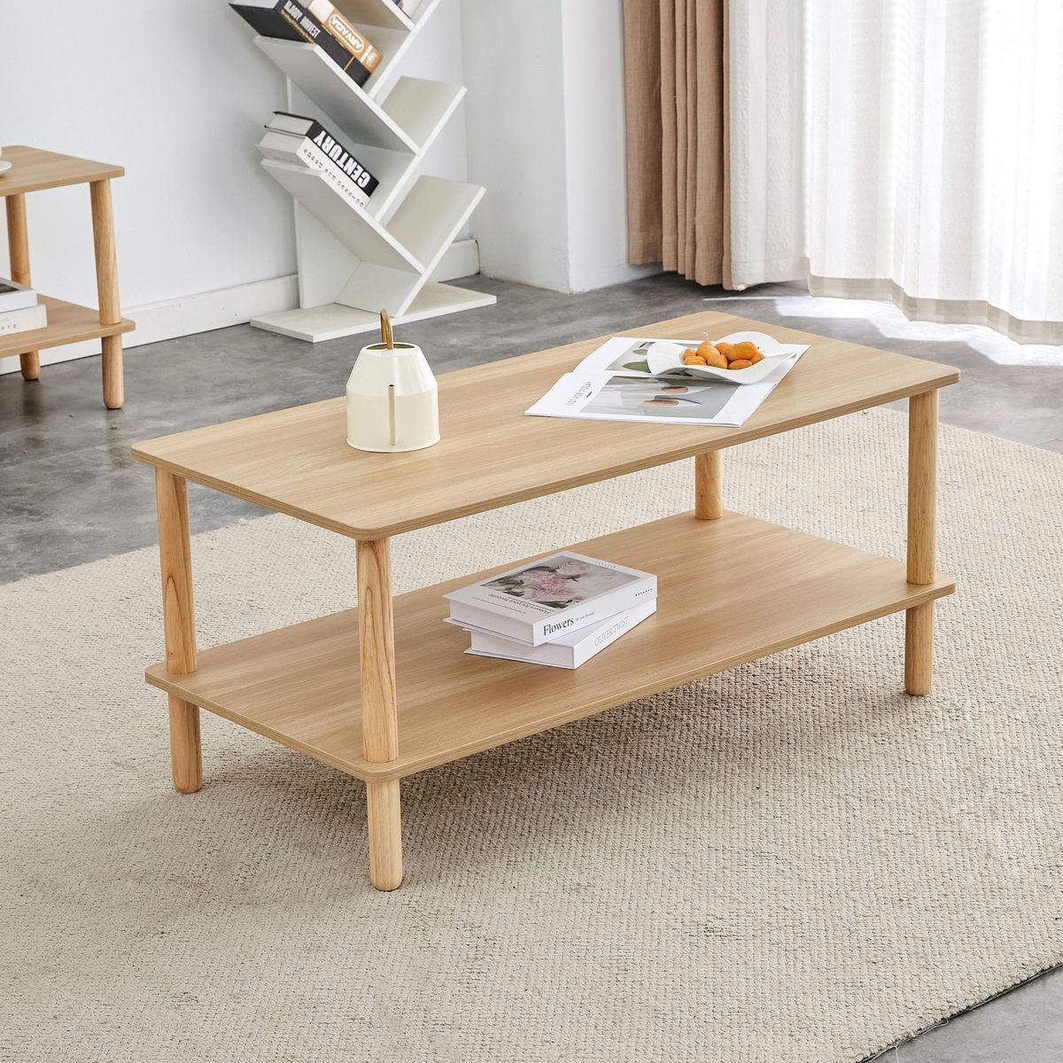Modern 2-Tier Coffee Table for Living Room Furniture,Rectangular Center Table with Open Storage Shelf,Rounded Rubberwood legs,Stable and Durable,Easy Assembly