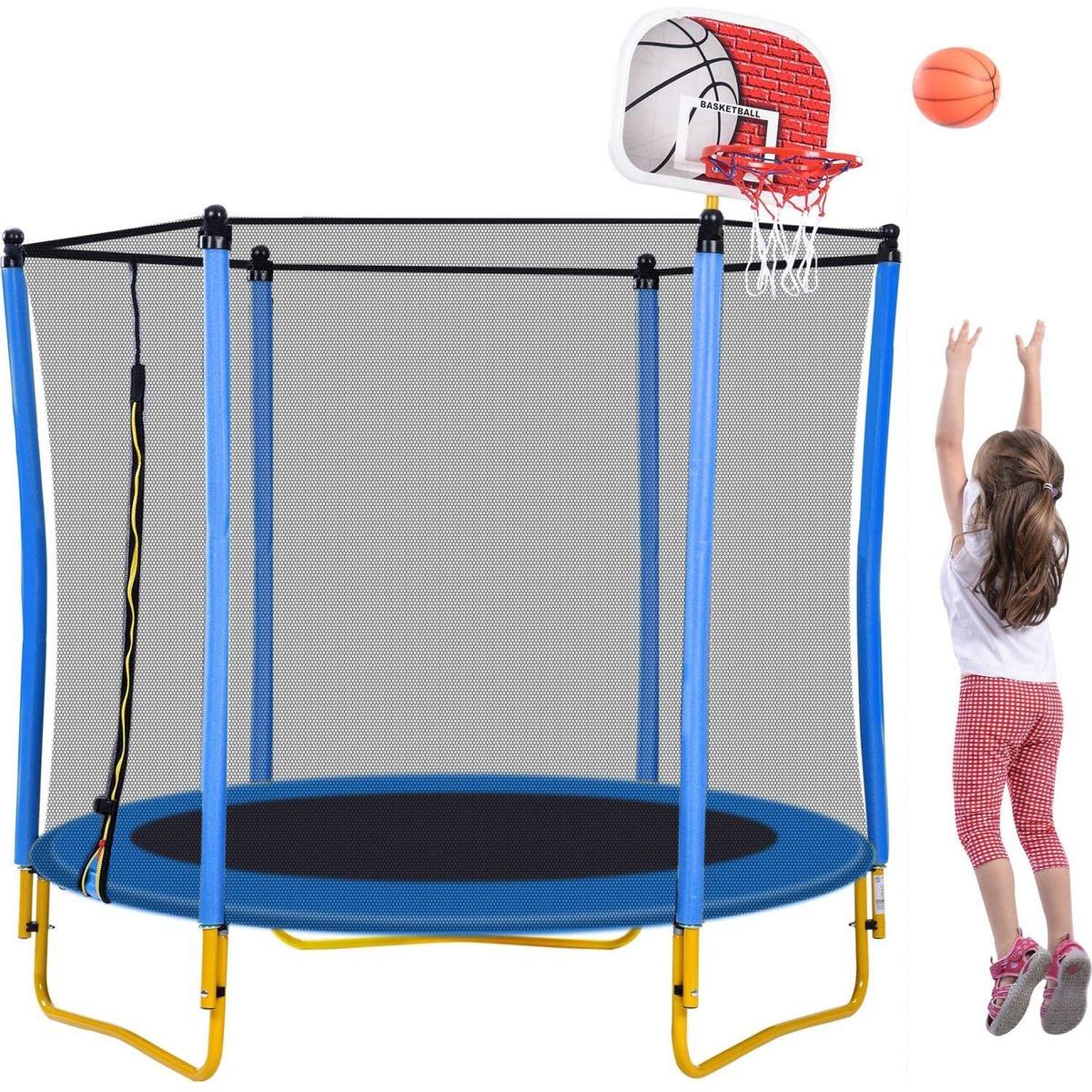 5.5FT Trampoline for Kids - 65" Outdoor & Indoor Mini Toddler Trampoline with Enclosure, Basketball Hoop and Ball Included