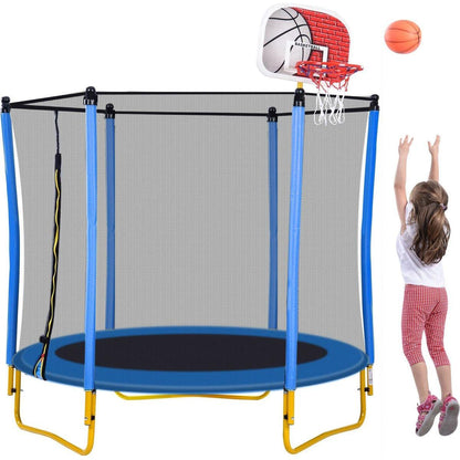 5.5FT Trampoline for Kids - 65" Outdoor & Indoor Mini Toddler Trampoline with Enclosure, Basketball Hoop and Ball Included