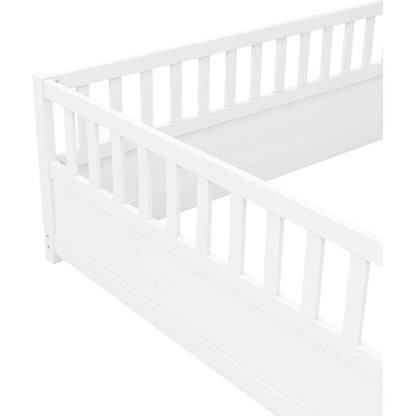 Full size Floor bed, integral construction with super high security barrier, door, children's floor bed frame, Montessori wooden children's floor bed, white - Streamdale Furniture