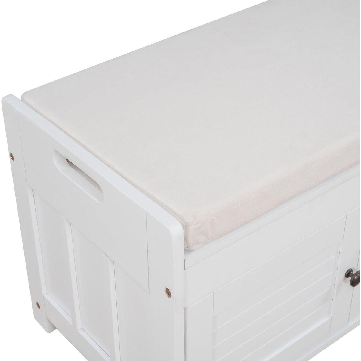 Storage Bench with 3 Shutter-shaped Doors, Shoe Bench with Removable Cushion and Hidden Storage Space (White