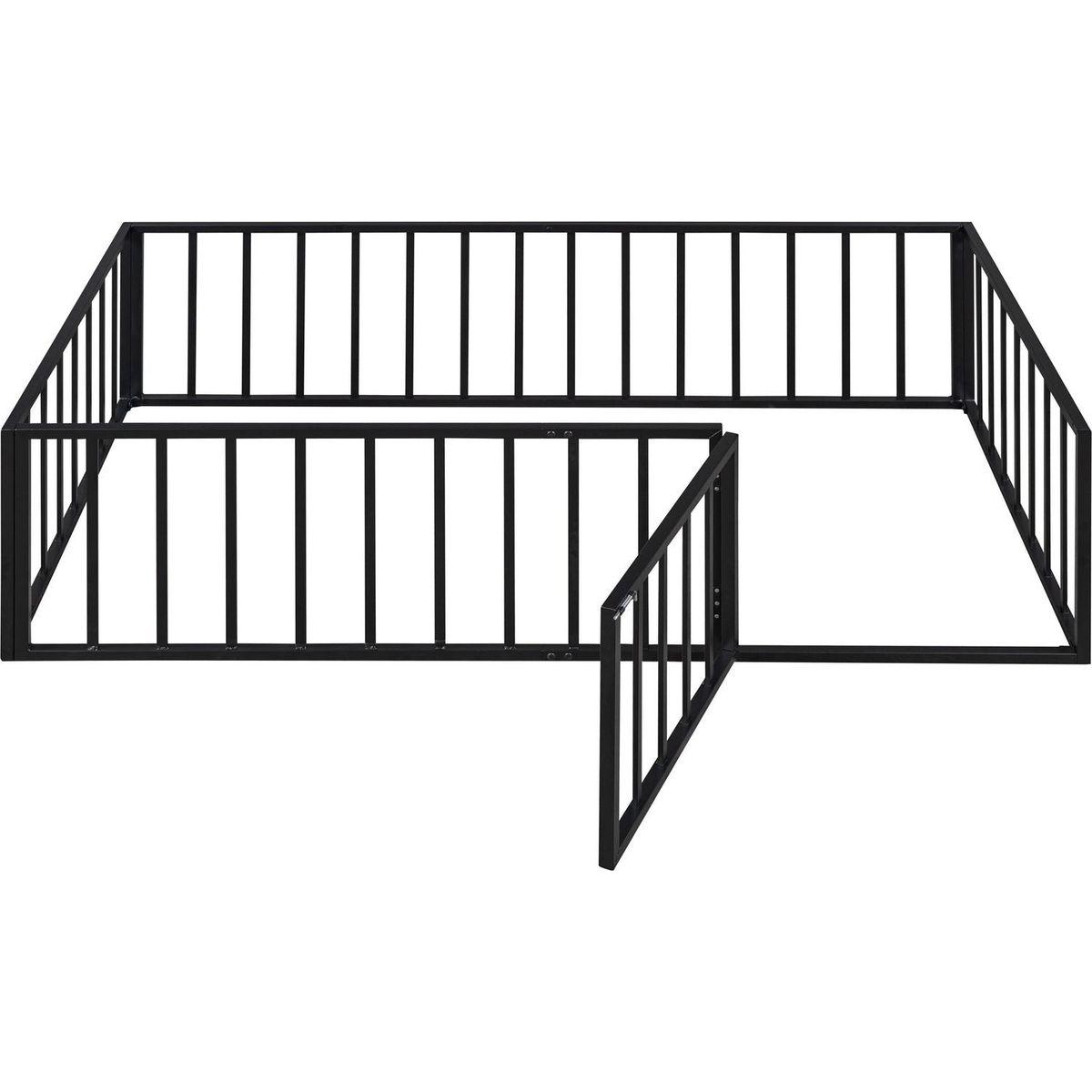Twin Size Metal Floor Bed Frame with Fence and Door, Black