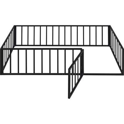 Twin Size Metal Floor Bed Frame with Fence and Door, Black