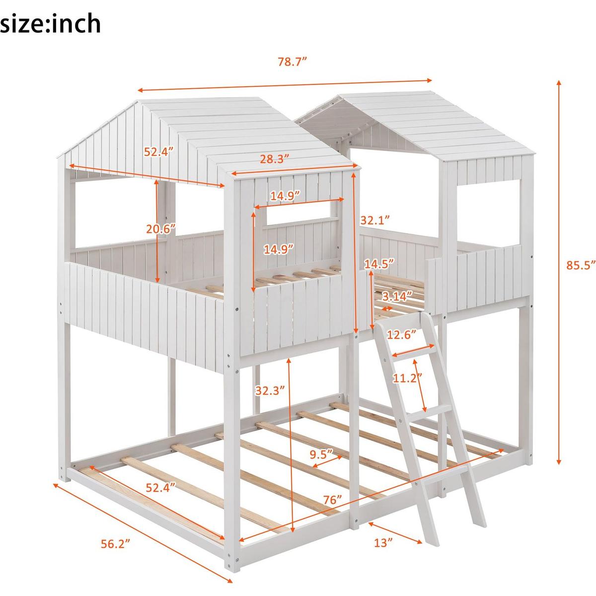 Full Over Full WoodBunk Bed with Roof, Window, Guardrail, Ladder(White)