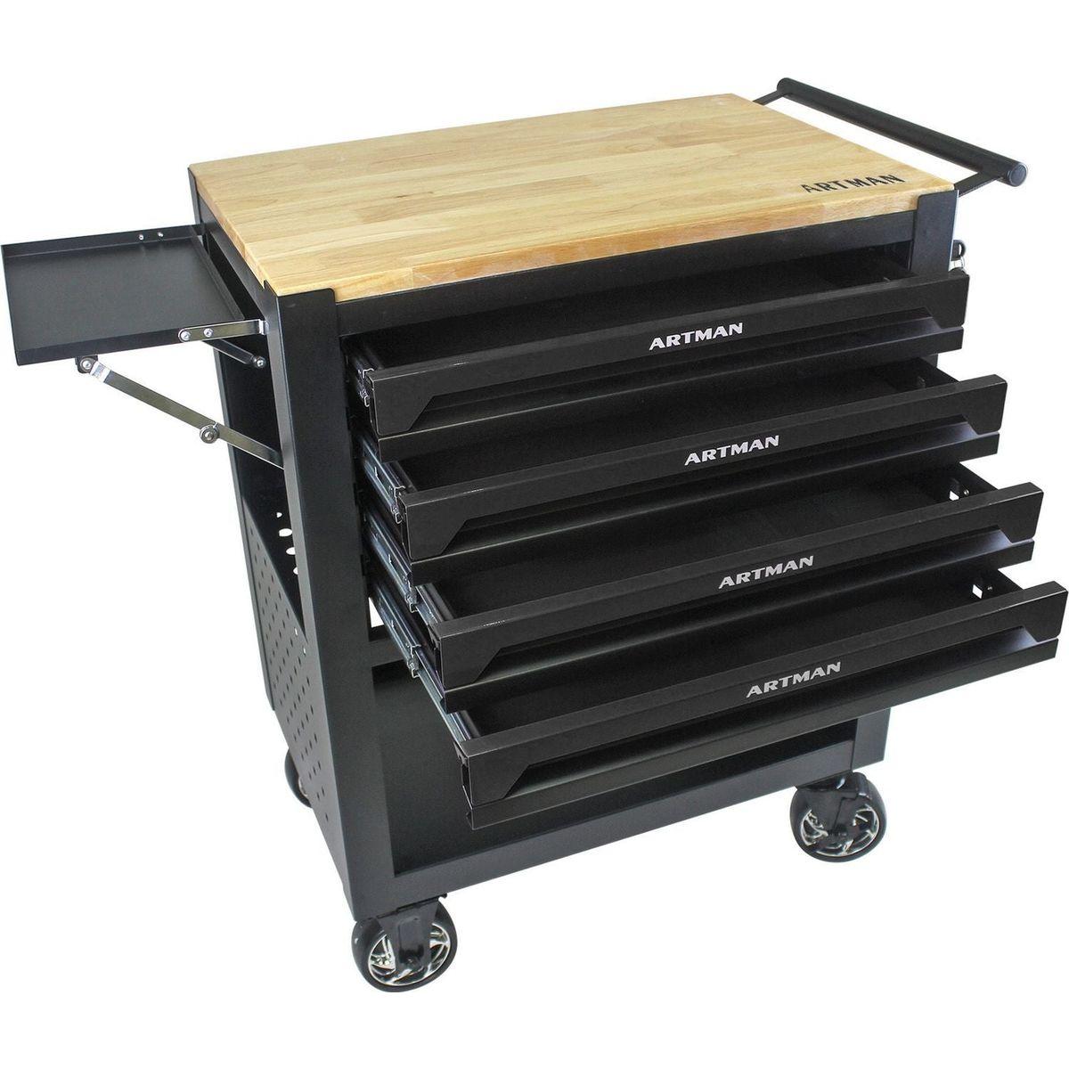 4 DRAWERS MULTIFUNCTIONAL TOOL CART WITH WHEELS AND WOODEN TOP-BLACK